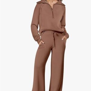 Women’s Brown Half-Zip Sweater and Wide Pant Lounge Set size Large
